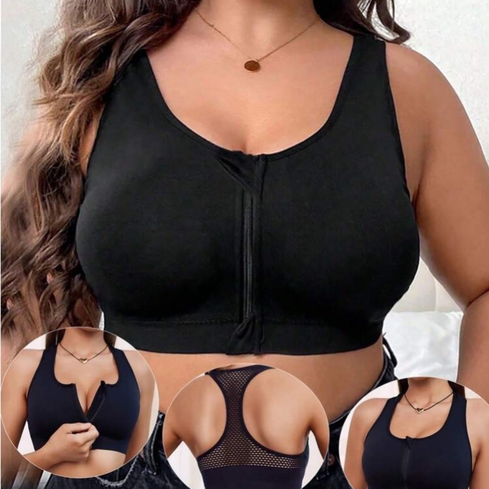 🆕 Black Zip-Up Sports Bra w/ Mesh Racer  Back!!! Brand New! Size 3X